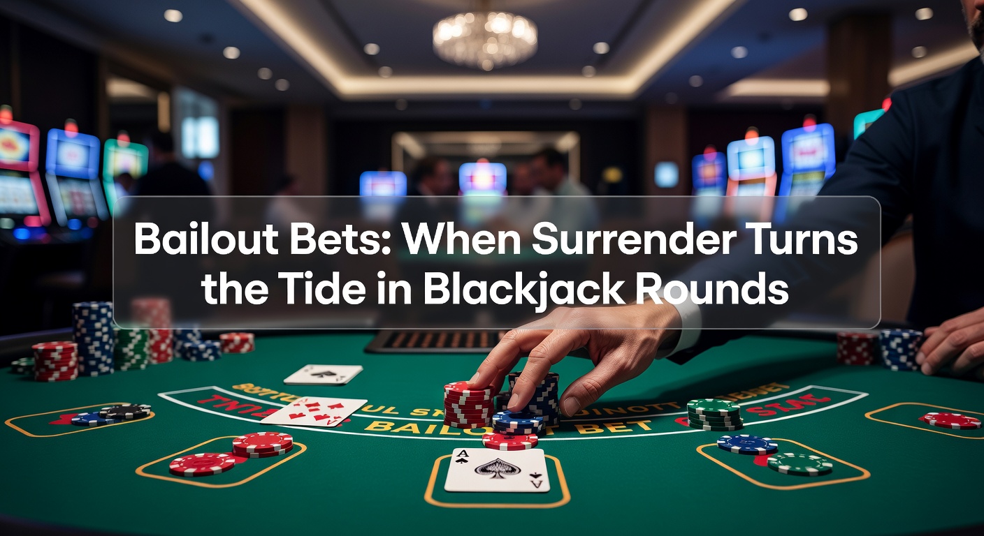 Close-up of a blackjack table showing the surrender chip placement during a tense hand, with dealer holding an ace