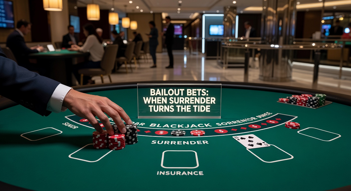 Strategy chart on a digital screen displaying optimal surrender spots in blackjack, surrounded by casino chips and cards