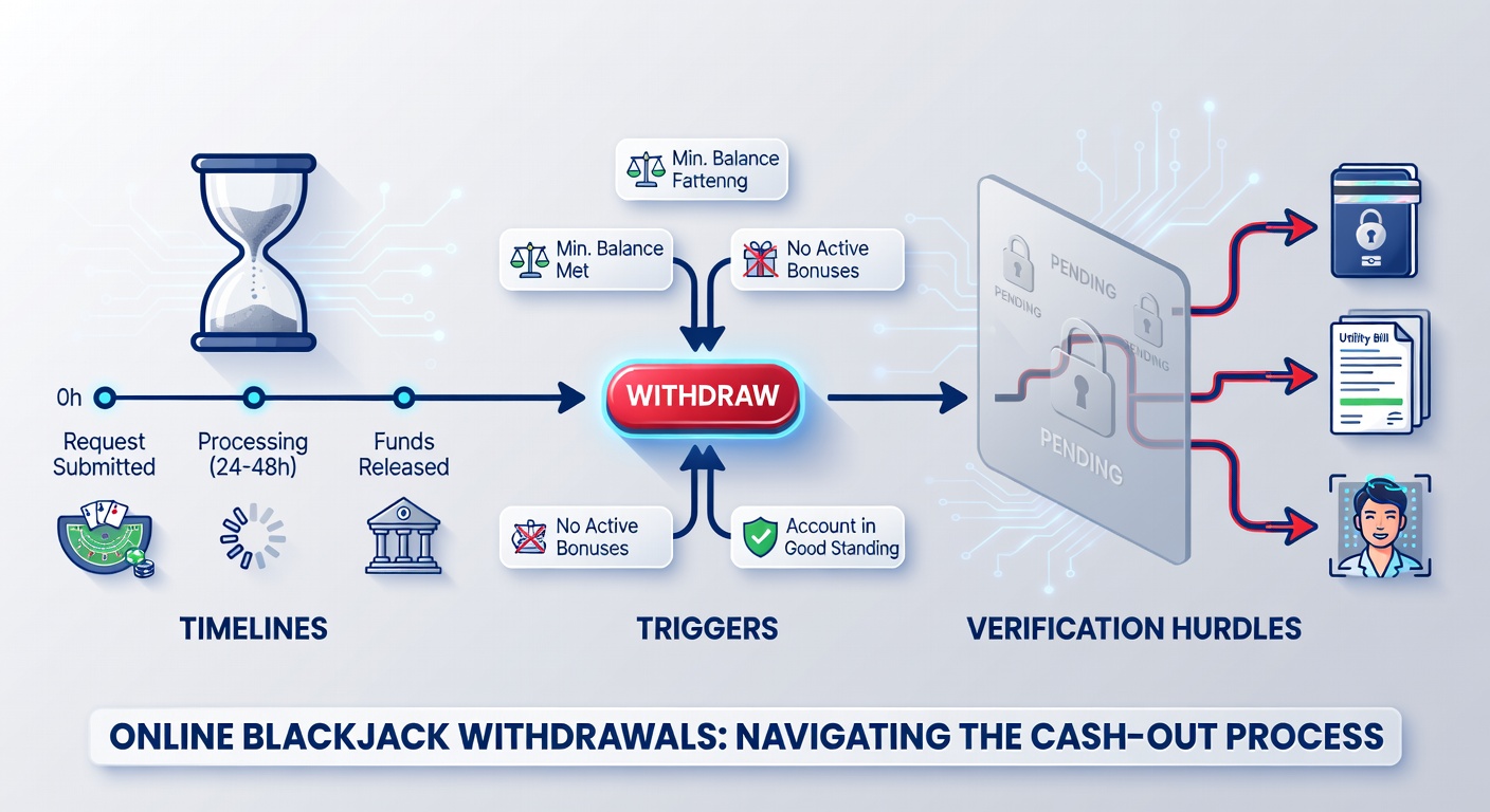 Infographic timeline chart illustrating withdrawal stages from request to approval, with icons for verification docs, clocks for delays, and checkmarks for cleared funds