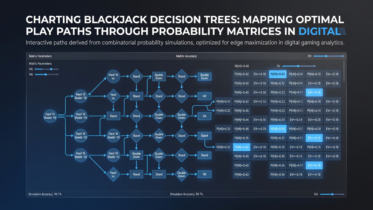 Digital interface showing probability matrix overlay on blackjack decision tree