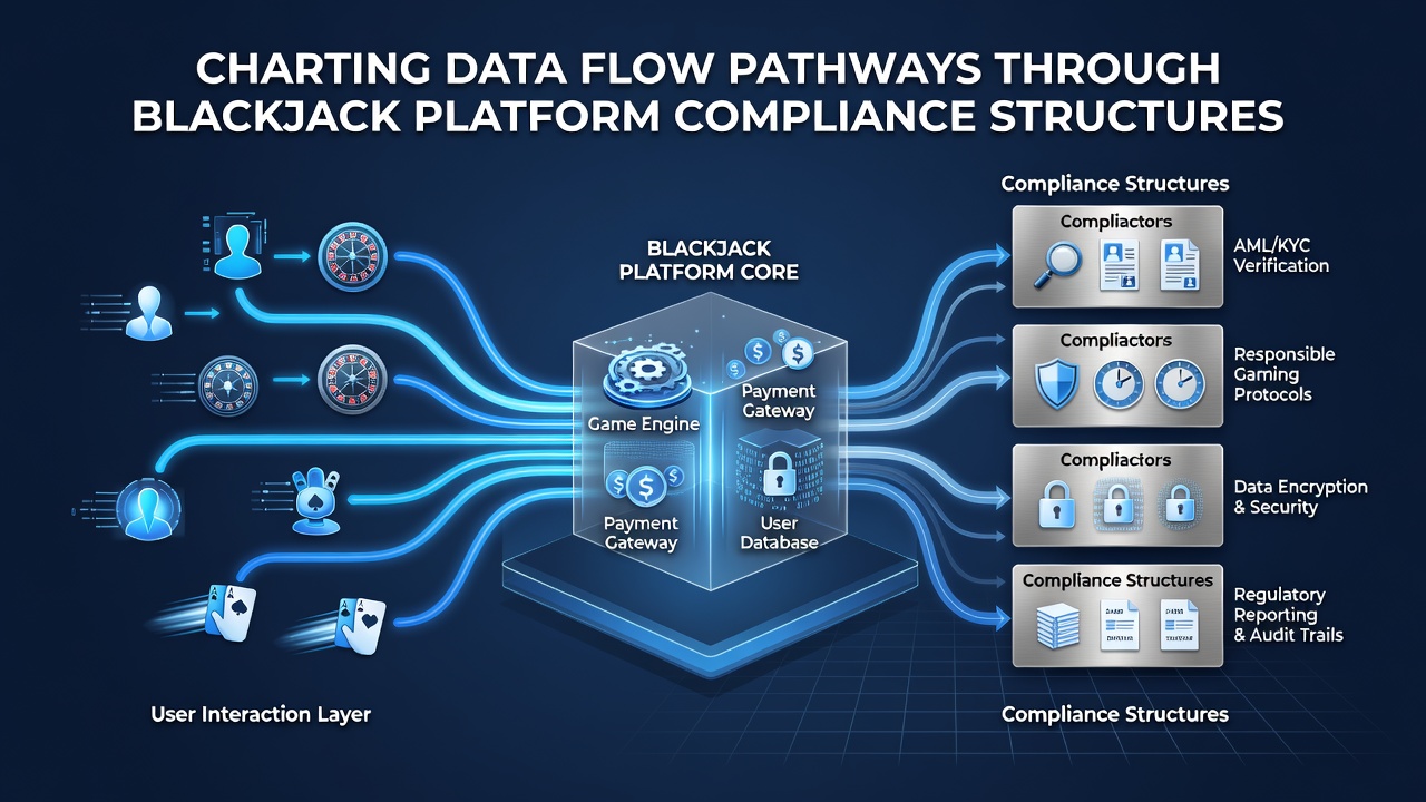 Flowchart showing encrypted data routes between blackjack platform components and regulatory endpoints
