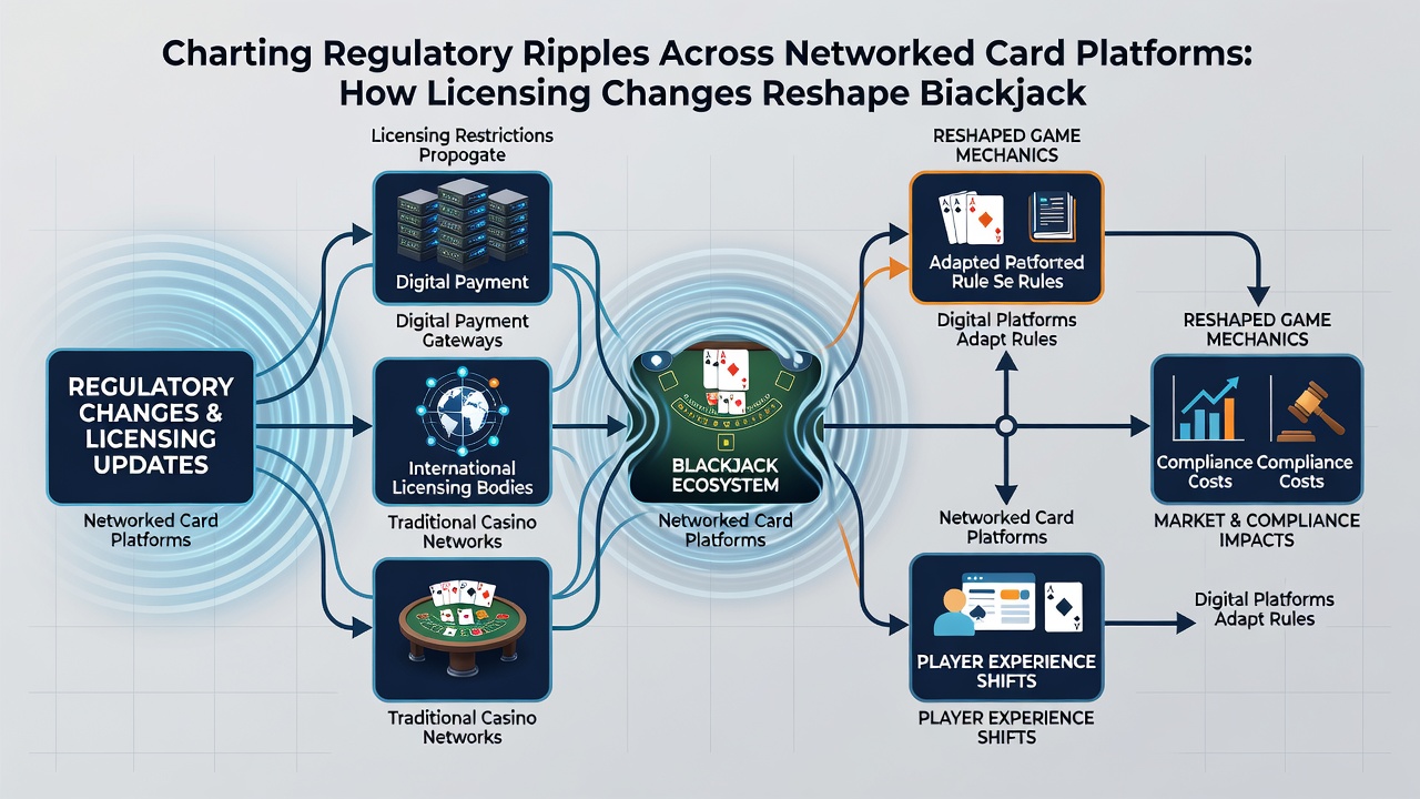 Digital interface showing interconnected blackjack platforms and licensing status updates
