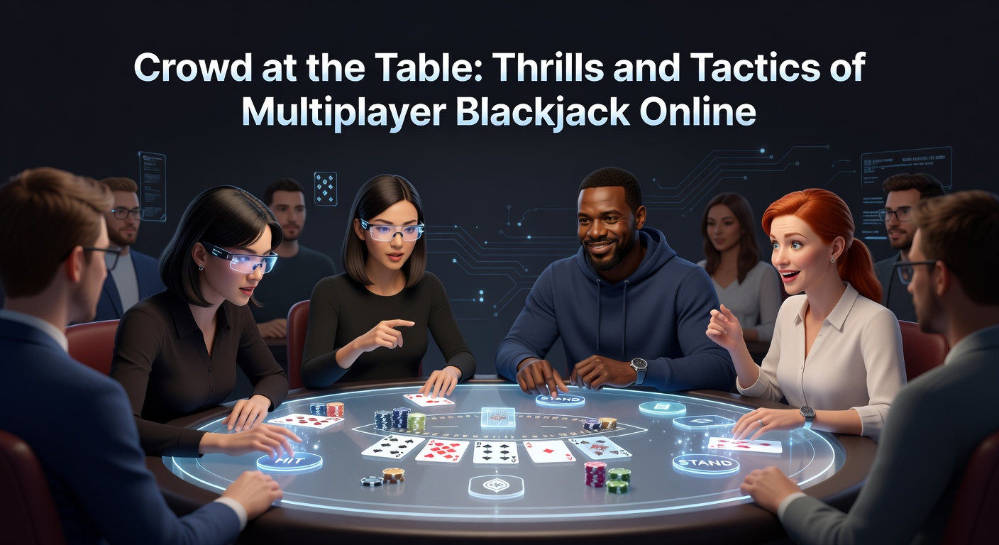 Players gathered around a vibrant online multiplayer blackjack table, cards flying and chips stacking in a lively digital casino atmosphere