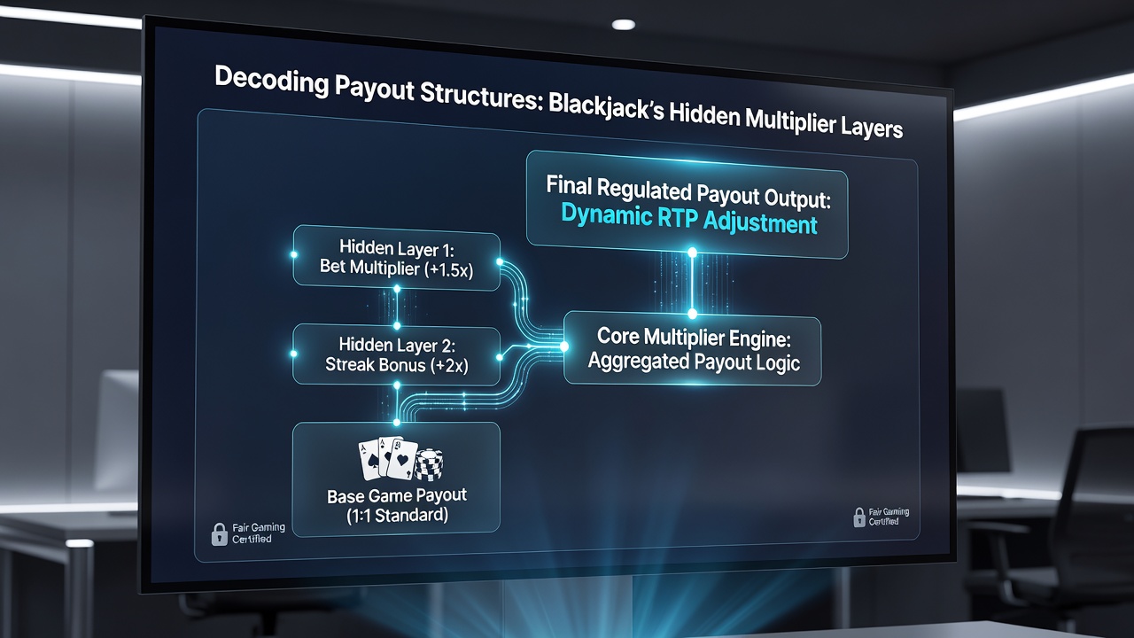 Analytics dashboard showing blackjack payout multiplier layers and regulatory compliance metrics from a licensed digital gaming environment