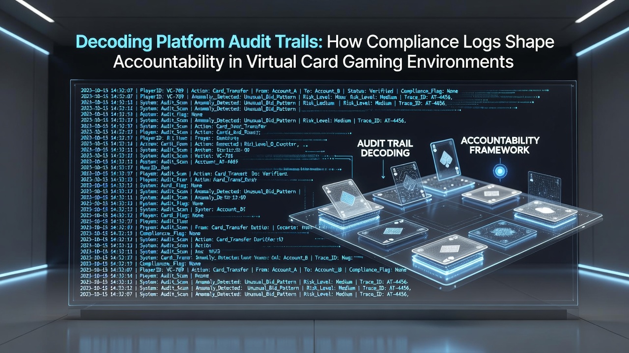 Digital audit trail visualization showing encrypted compliance logs from virtual card gaming sessions with timestamped transaction records