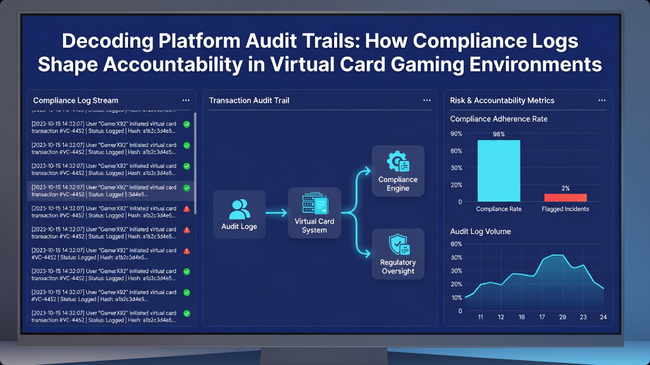 Compliance officer reviewing encrypted audit logs on multiple monitors in a secure virtual card gaming operations center