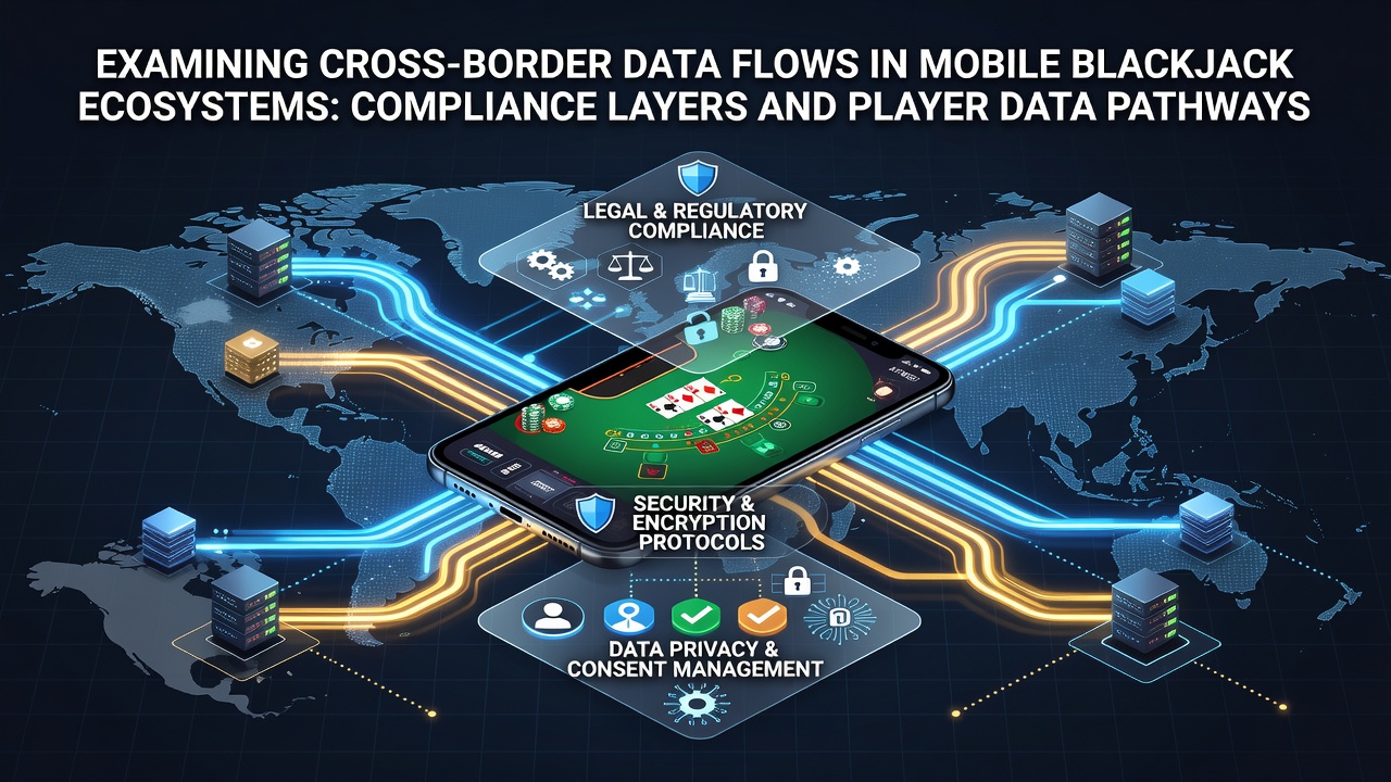 Diagram showing cross-border data flows between mobile blackjack apps, servers in multiple countries, and compliance checkpoints