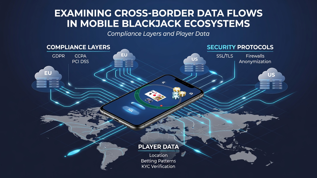Illustration of compliance layers including encryption, consent systems, and audit trails in mobile blackjack data pathways