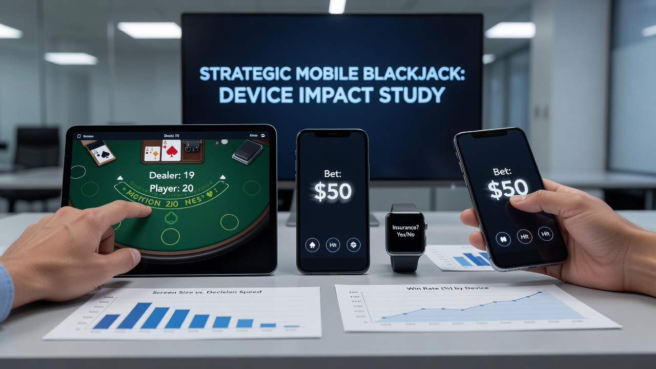 Various mobile devices displaying blackjack interfaces side by side to show screen size differences