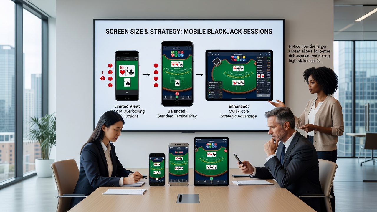 Close-up of a tablet screen showing an expanded blackjack table layout with multiple hands and visible strategy aids