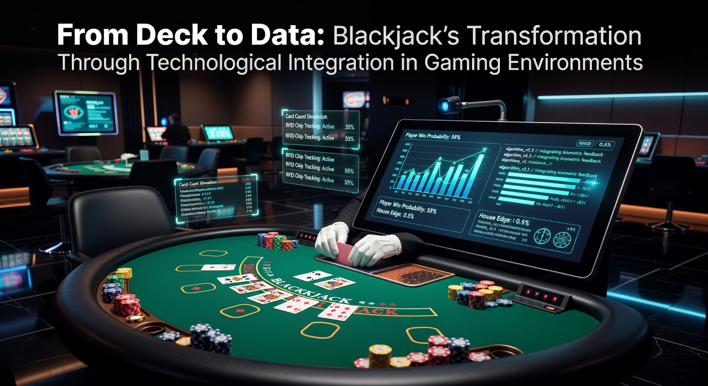 Blackjack table transitioning from physical cards to digital interfaces with data overlays in a modern casino setting