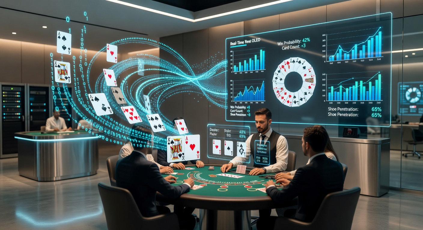 Live dealer blackjack studio with multiple camera angles, digital overlays, and real-time data feeds displayed on player screens