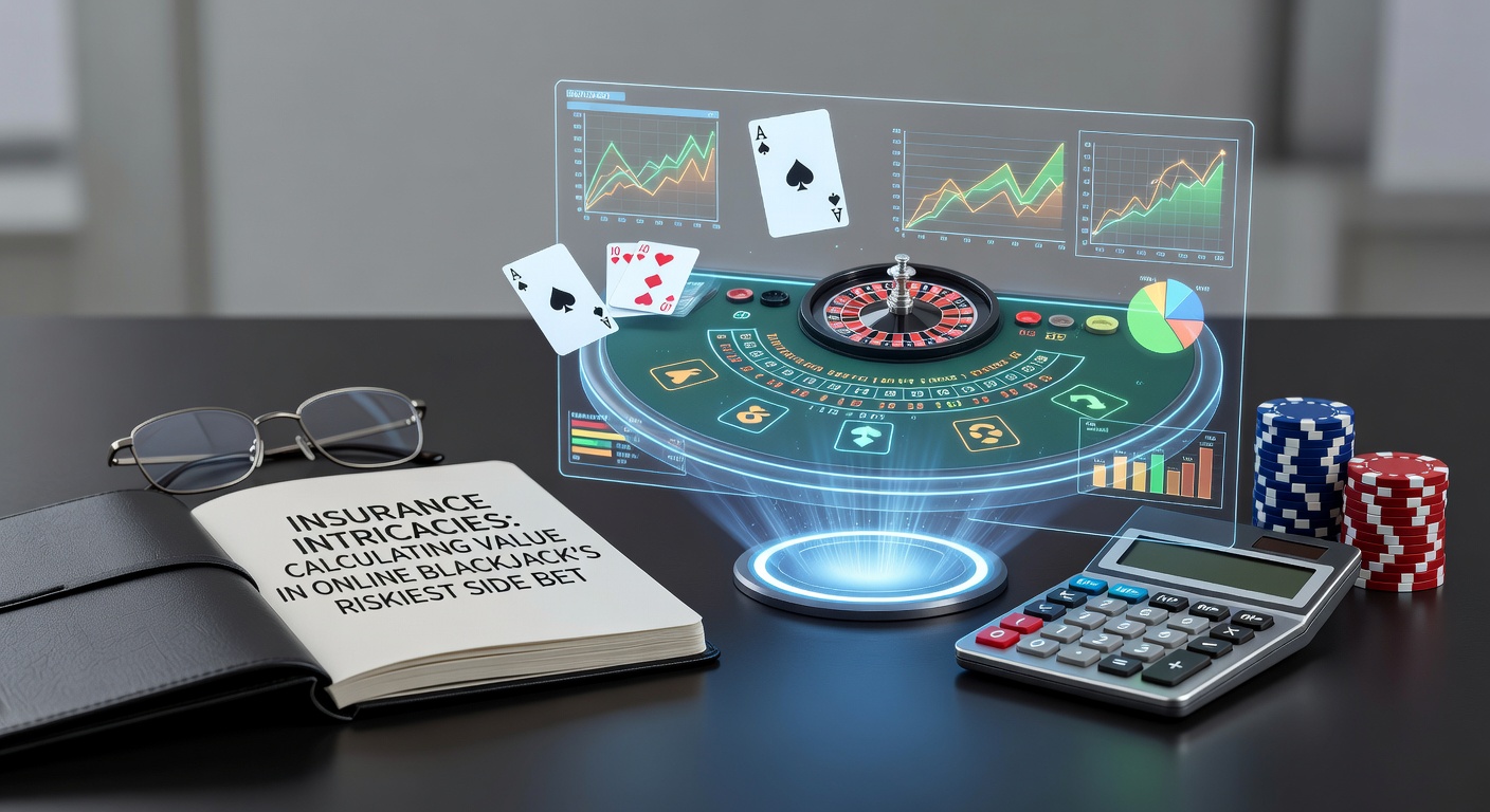 Digital blackjack table displaying an insurance bet option during a dealer's ace upcard, highlighting the side wager interface in an online casino setting