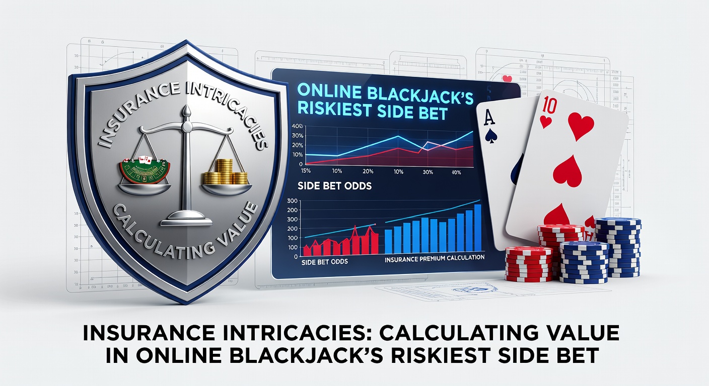 Close-up of a blackjack strategy chart highlighting the insurance decision matrix for dealer ace upcards, with probability calculations overlaid in an online gaming context