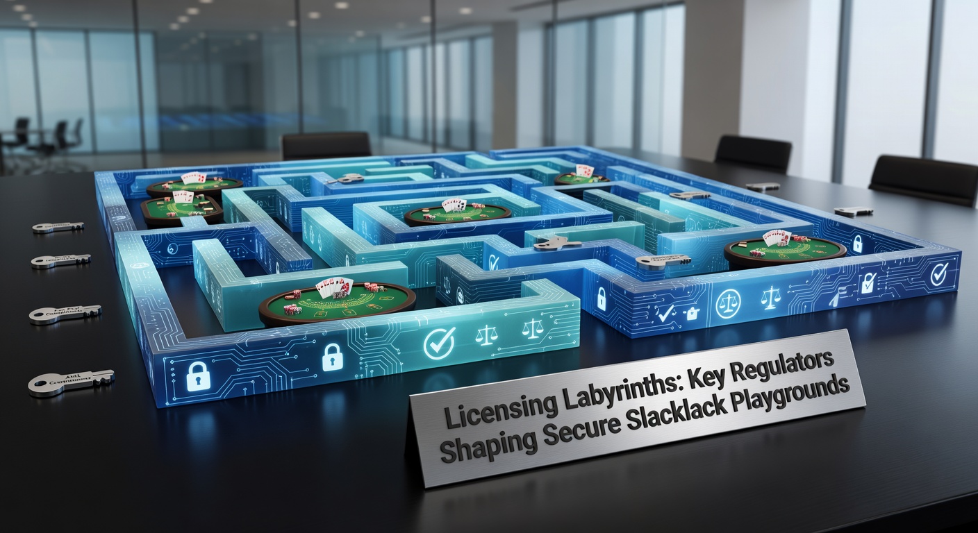 Digital icons representing global regulatory bodies overseeing online blackjack platforms, with shields and locks symbolizing security standards
