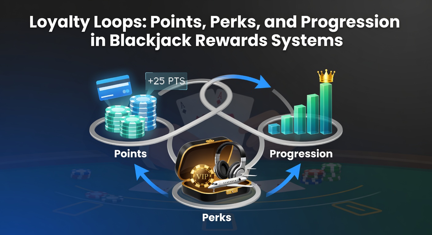 Illustration of a looping path with blackjack chips and loyalty cards ascending through tiers of rewards