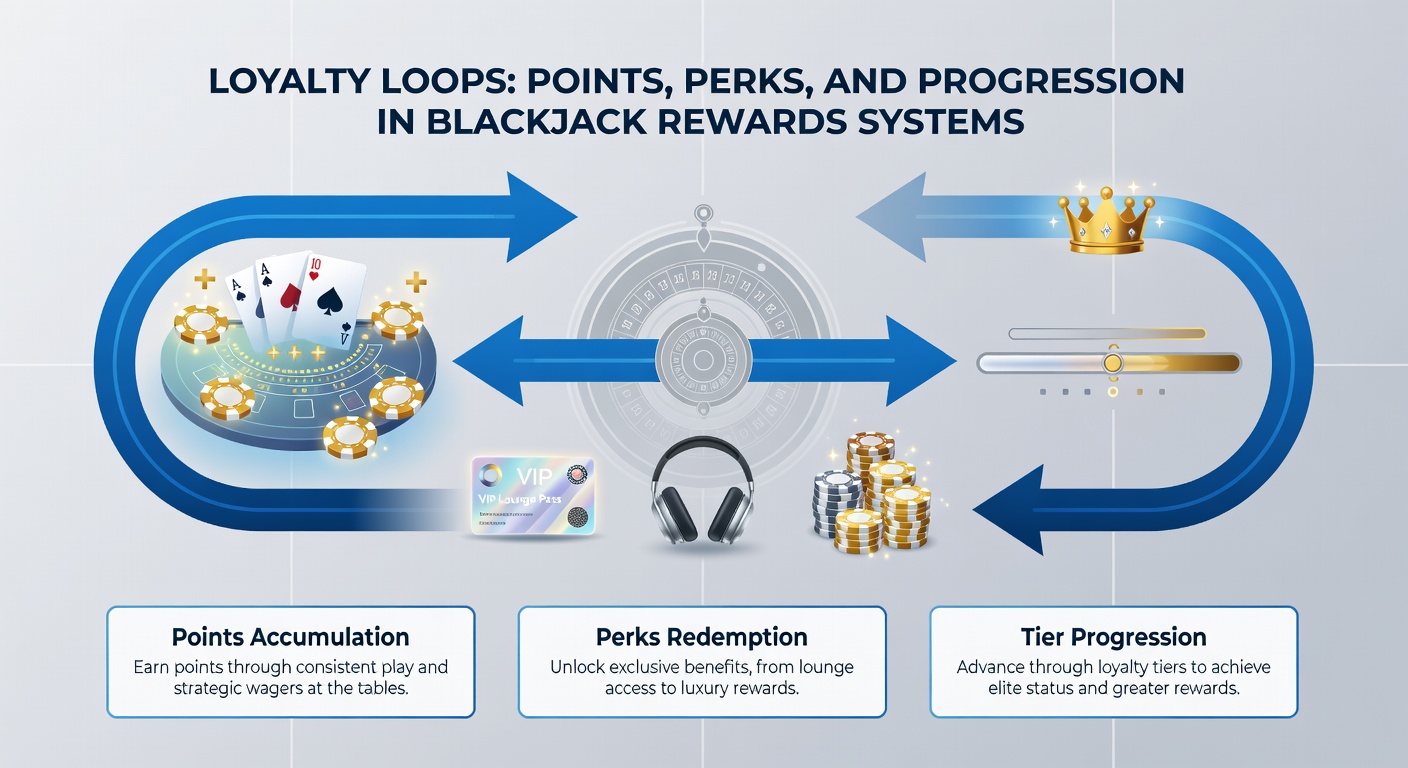 Graphic showing tiered loyalty pyramid with blackjack-themed rewards unlocking at each level, including chips, cards, and jackpot icons