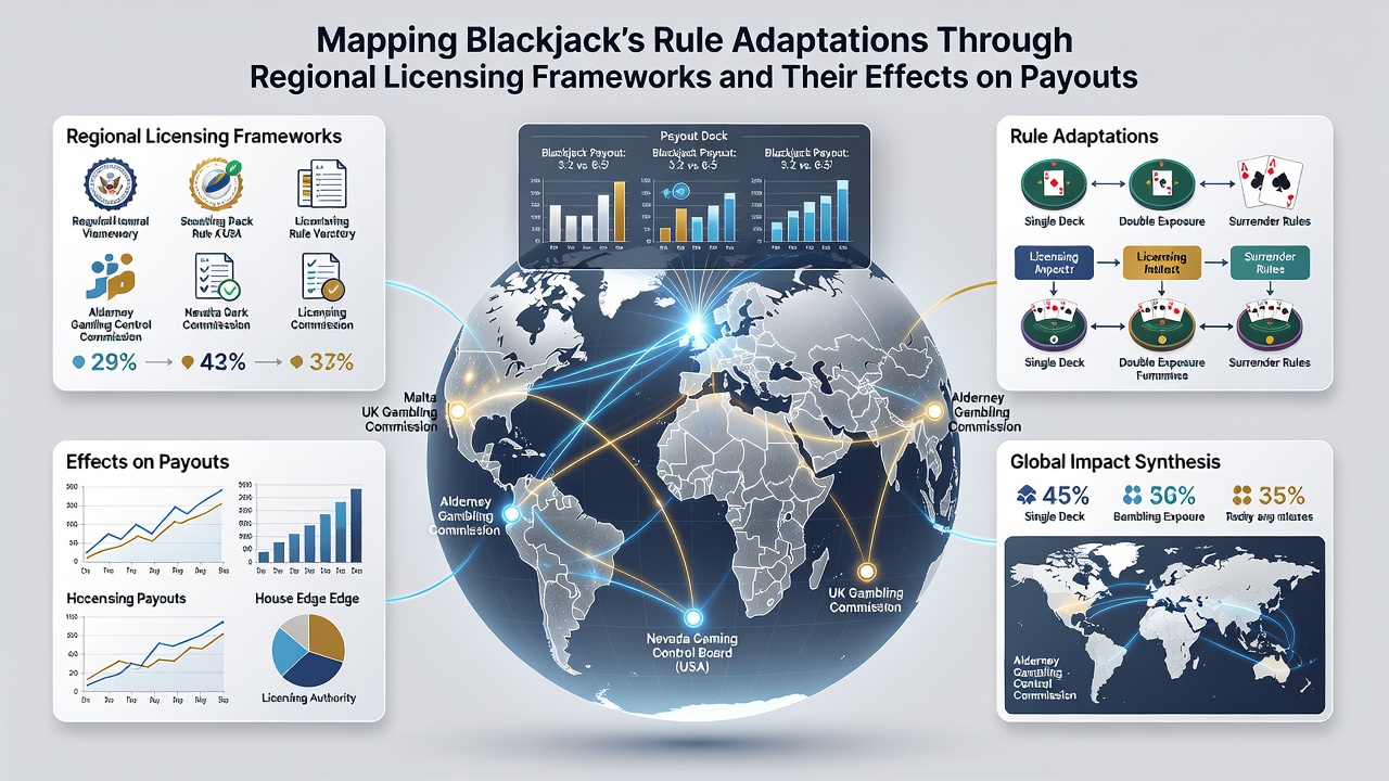 Infographic detailing how specific blackjack rules affect house edge and payout rates by region