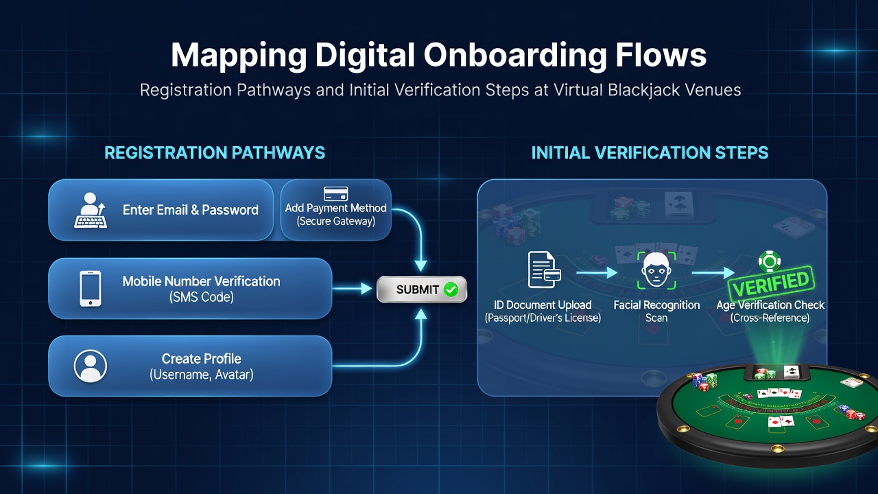 Digital onboarding process for virtual blackjack venues showing registration screen and verification icons