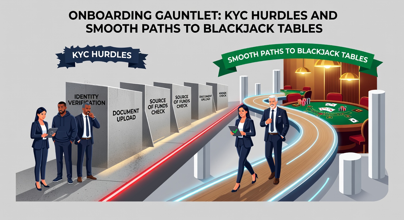 Digital interface showing KYC verification steps with ID documents and blackjack table previews