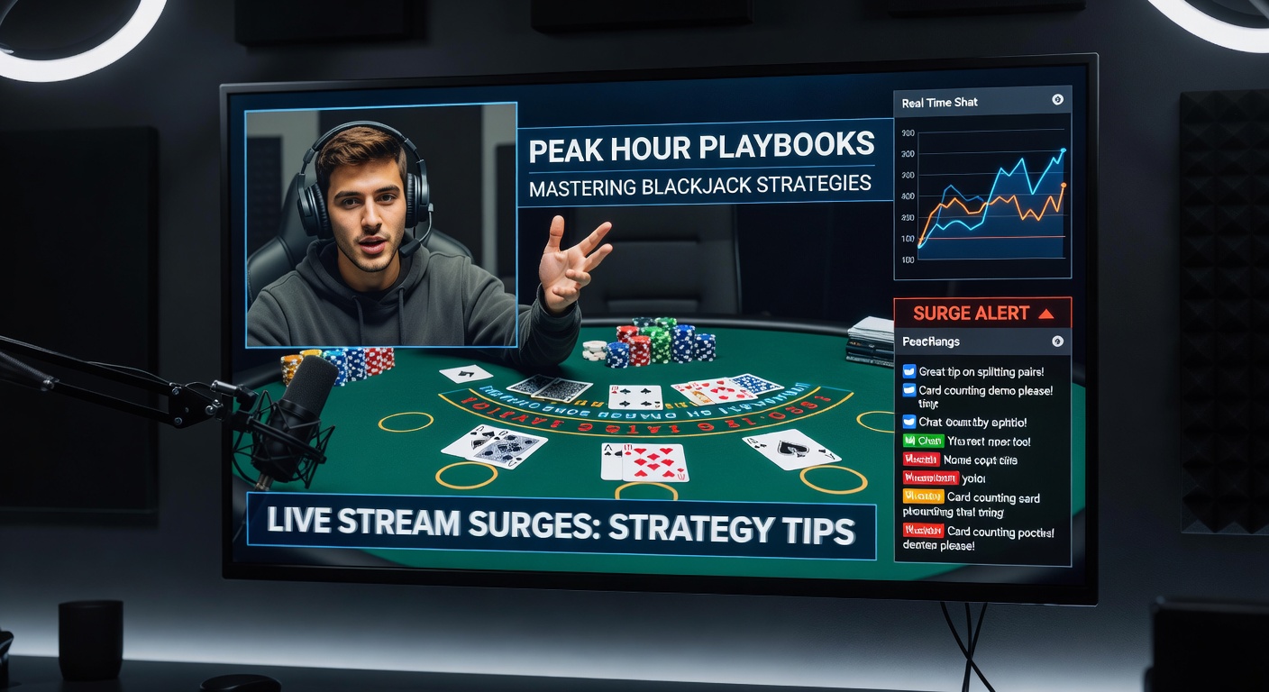 Vibrant live blackjack table buzzing with peak-hour action, screens glowing amid a surge of online players