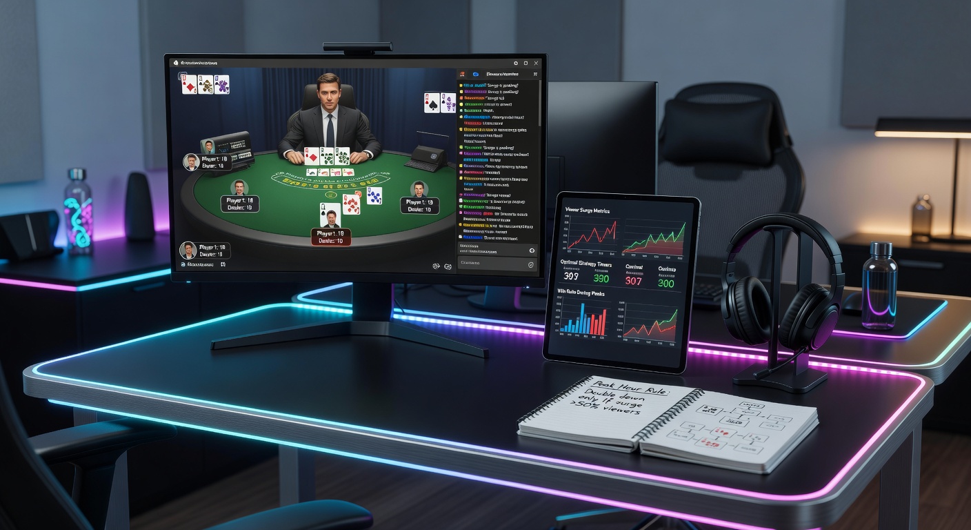 Strategic player analyzing live blackjack surge on dual monitors, charts and streams side by side
