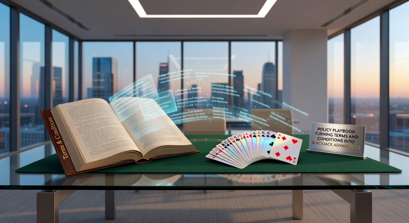 A close-up of a blackjack table with legal documents and policy pages overlaid, symbolizing strategic reading of terms for player edges