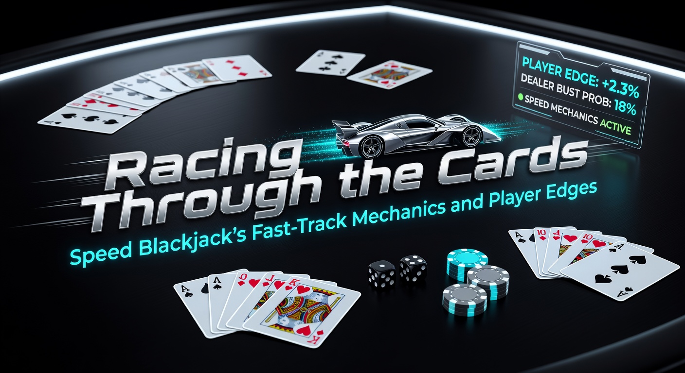 Dynamic close-up of a speed blackjack table with cards flying fast amid player actions and dealer hands