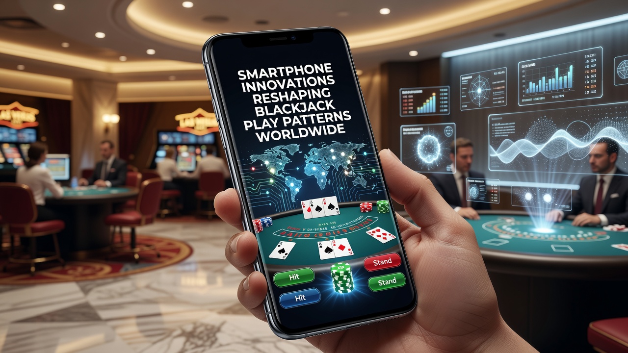 Smartphone displaying a blackjack game interface with touch controls and real-time statistics overlay