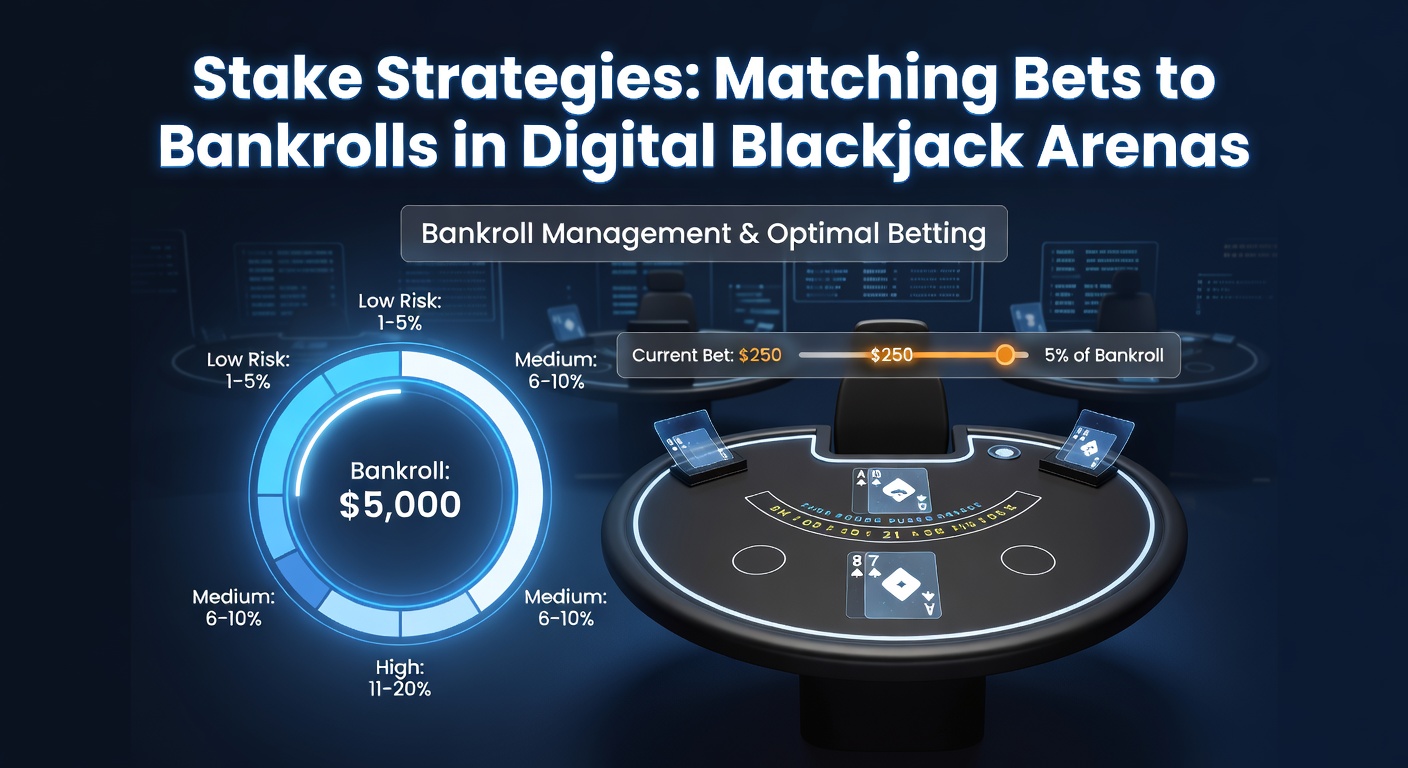 Digital graphic depicting a blackjack table with overlaid bankroll charts and varying stake sizes, illustrating bet-to-bankroll alignment in online play