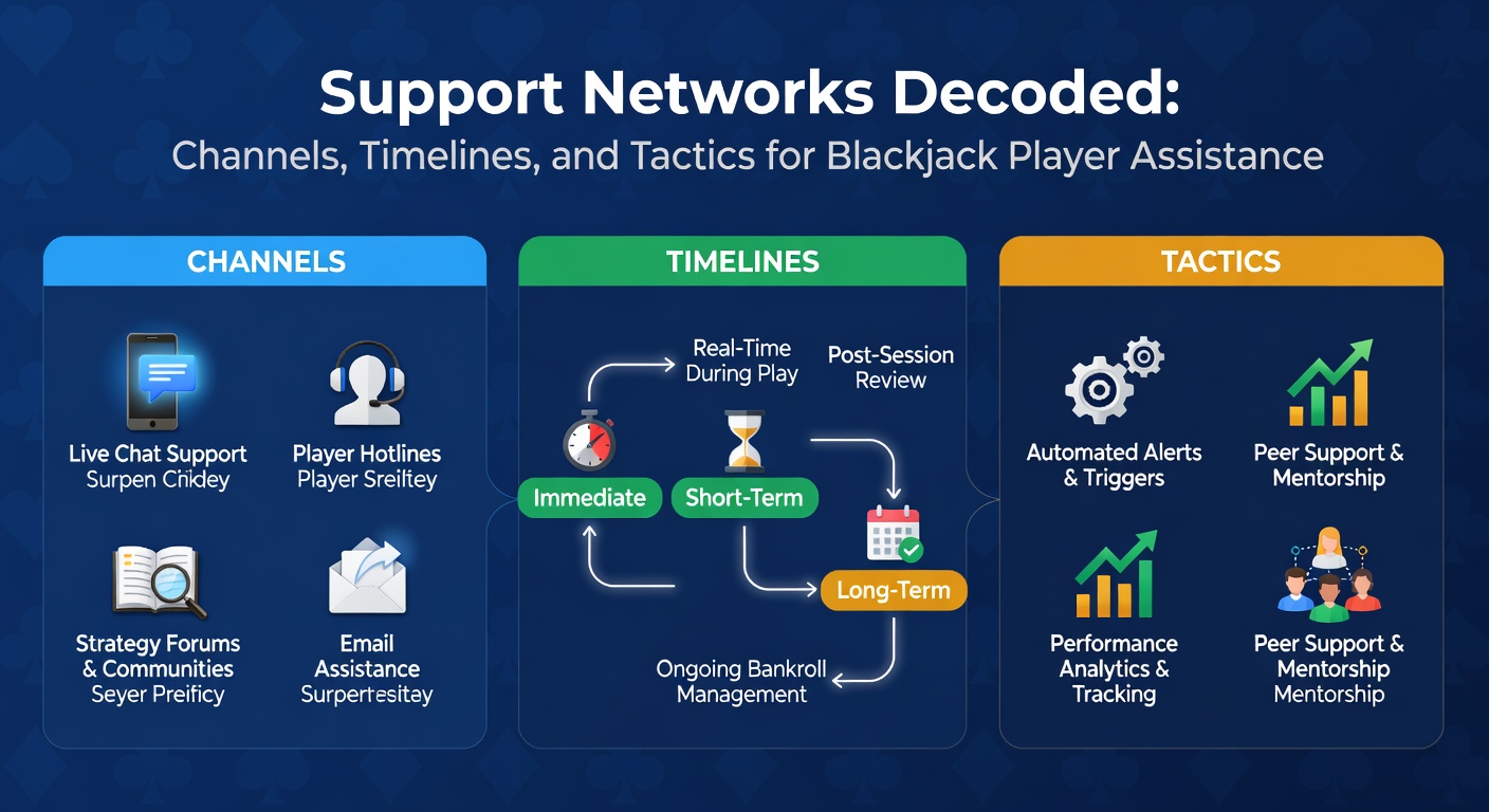 Dynamic graphic showing a timeline flowchart for blackjack support requests, from initial contact via chat or email to resolution milestones, overlaid on a digital casino interface
