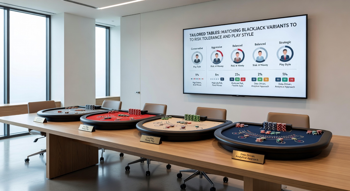 Diverse blackjack tables showcasing variants from classic setups to high-stakes multi-hand options, with chips and cards in play