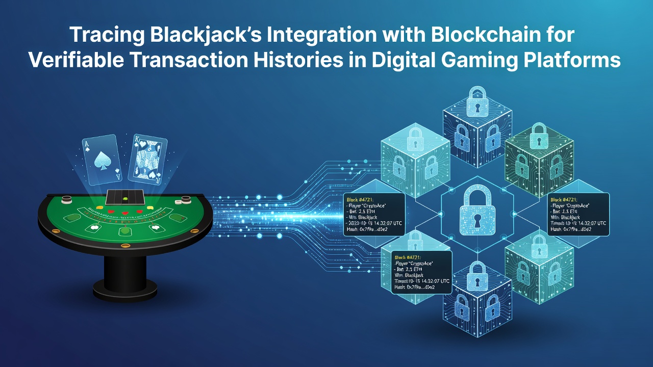 Blockchain ledger visualization showing blackjack transaction chains in a digital gaming environment