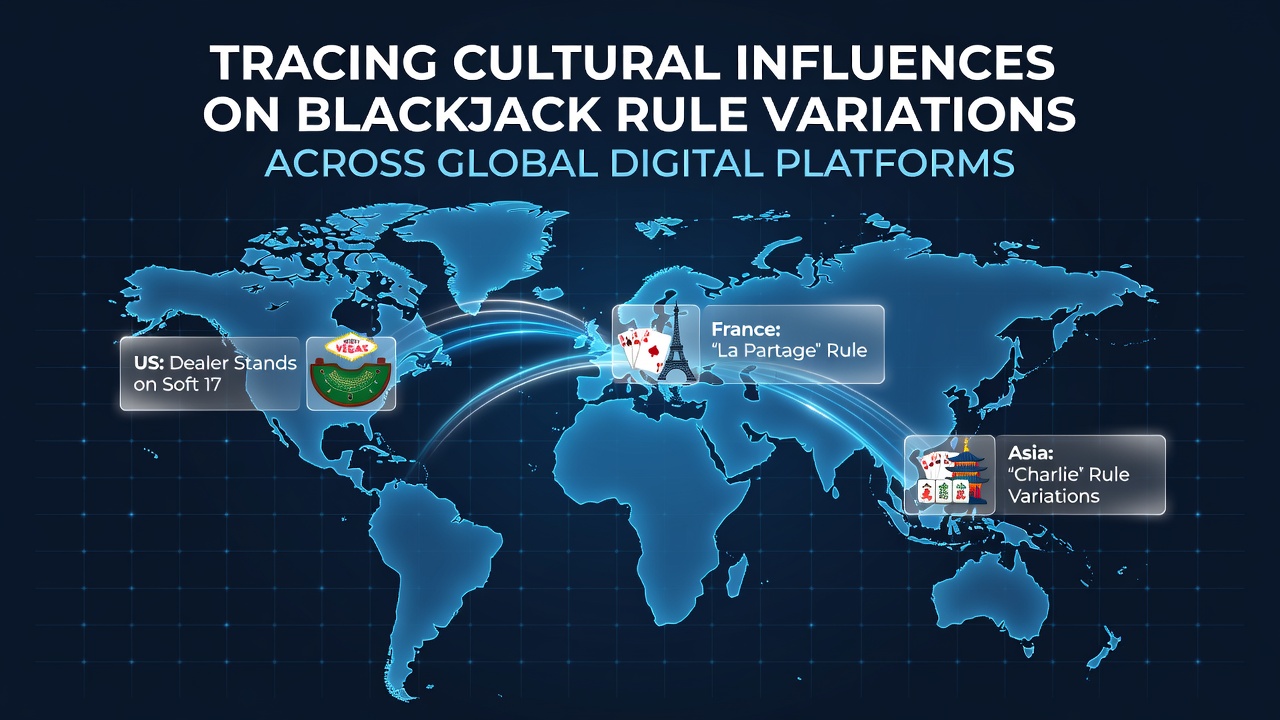 Global digital blackjack tables showing diverse cultural rule adaptations on online platforms