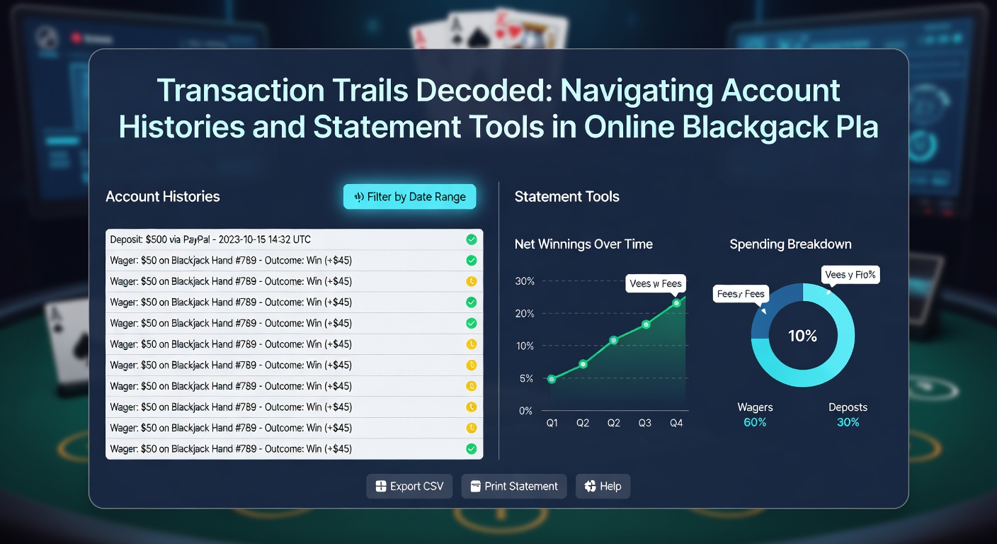 Close-up of a statement tool interface displaying pie charts of blackjack bet distributions, win rates, and transaction volumes over a 30-day period