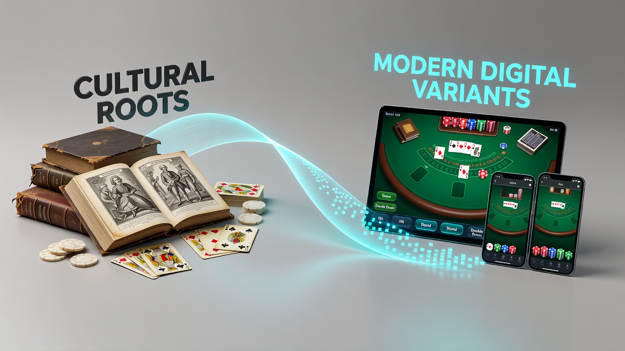 Modern digital blackjack interface on a tablet showing virtual cards, chip stacks, and live dealer stream alongside historical overlay graphics